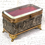 Lovely Antique French Napoleon III Jewelry Casket, Box, Figural Bas Relief & Beveled Glass Vitrine