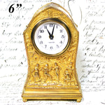 Antique Jennings Brothers Marked 6" Desk or Boudoir Clock, Gilded with Figural Bas Relief