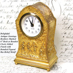 Antique Jennings Brothers Marked 6" Desk or Boudoir Clock, Gilded with Figural Bas Relief