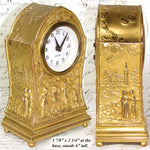 Antique Jennings Brothers Marked 6" Desk or Boudoir Clock, Gilded with Figural Bas Relief