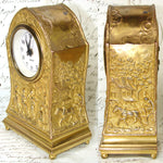 Antique Jennings Brothers Marked 6" Desk or Boudoir Clock, Gilded with Figural Bas Relief
