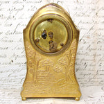 Antique Jennings Brothers Marked 6" Desk or Boudoir Clock, Gilded with Figural Bas Relief