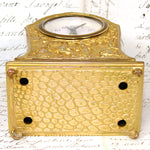 Antique Jennings Brothers Marked 6" Desk or Boudoir Clock, Gilded with Figural Bas Relief