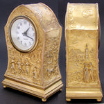 Antique Jennings Brothers Marked 6" Desk or Boudoir Clock, Gilded with Figural Bas Relief