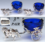 Antique Continental Silver & Cobalt Glass Open Salt PAIR, 2-Horse Drawn Carriages