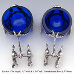 Antique Continental Silver & Cobalt Glass Open Salt PAIR, 2-Horse Drawn Carriages