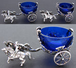 Antique Continental Silver & Cobalt Glass Open Salt PAIR, 2-Horse Drawn Carriages