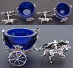 Antique Continental Silver & Cobalt Glass Open Salt PAIR, 2-Horse Drawn Carriages