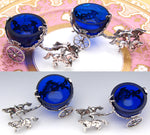 Antique Continental Silver & Cobalt Glass Open Salt PAIR, 2-Horse Drawn Carriages