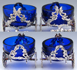 Antique Continental Silver & Cobalt Glass Open Salt PAIR, 2-Horse Drawn Carriages