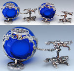 Antique Continental Silver & Cobalt Glass Open Salt PAIR, 2-Horse Drawn Carriages