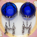 Antique Continental Silver & Cobalt Glass Open Salt PAIR, 2-Horse Drawn Carriages