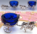 Antique Continental Silver & Cobalt Glass Open Salt PAIR, 2-Horse Drawn Carriages