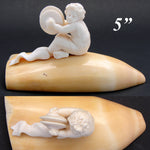 Antique 19th Century Hand Carved Dieppe Ivory Putti Figure with Cymbals Mounted on Walrus (?) Tusk