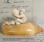 Antique 19th Century Hand Carved Dieppe Ivory Putti Figure with Cymbals Mounted on Walrus (?) Tusk