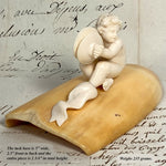 Antique 19th Century Hand Carved Dieppe Ivory Putti Figure with Cymbals Mounted on Walrus (?) Tusk