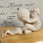 Antique 19th Century Hand Carved Dieppe Ivory Putti Figure with Cymbals Mounted on Walrus (?) Tusk