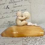 Antique 19th Century Hand Carved Dieppe Ivory Putti Figure with Cymbals Mounted on Walrus (?) Tusk