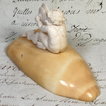 Antique 19th Century Hand Carved Dieppe Ivory Putti Figure with Cymbals Mounted on Walrus (?) Tusk