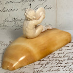 Antique 19th Century Hand Carved Dieppe Ivory Putti Figure with Cymbals Mounted on Walrus (?) Tusk