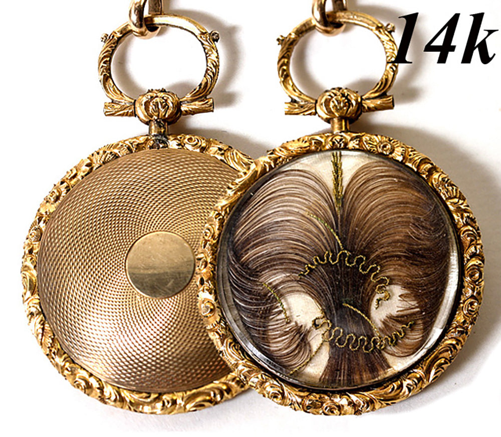 Antique Georgian to Victorian Era 14k Gold Pocket Watch Style Hair Art Mourning Locket