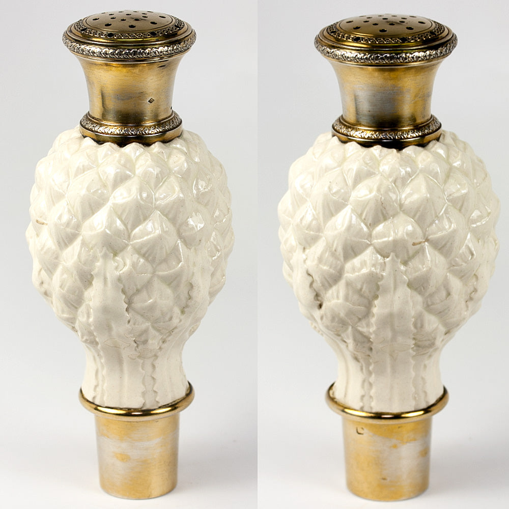 Antique French Gold Vermeil on Sterling Silver Shaker or Caster, Pottery Artichoke Shaped Body