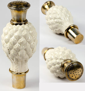 Antique French Gold Vermeil on Sterling Silver Shaker or Caster, Pottery Artichoke Shaped Body