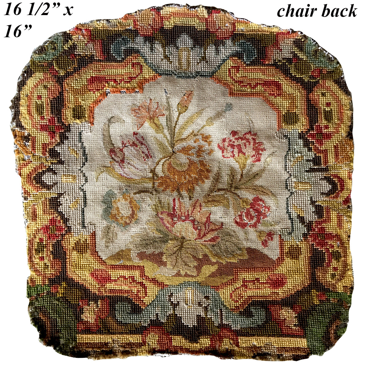 Superb Antique French 16.5" Needlepoint, Embroidery Chair Back to Make into Pillow Top