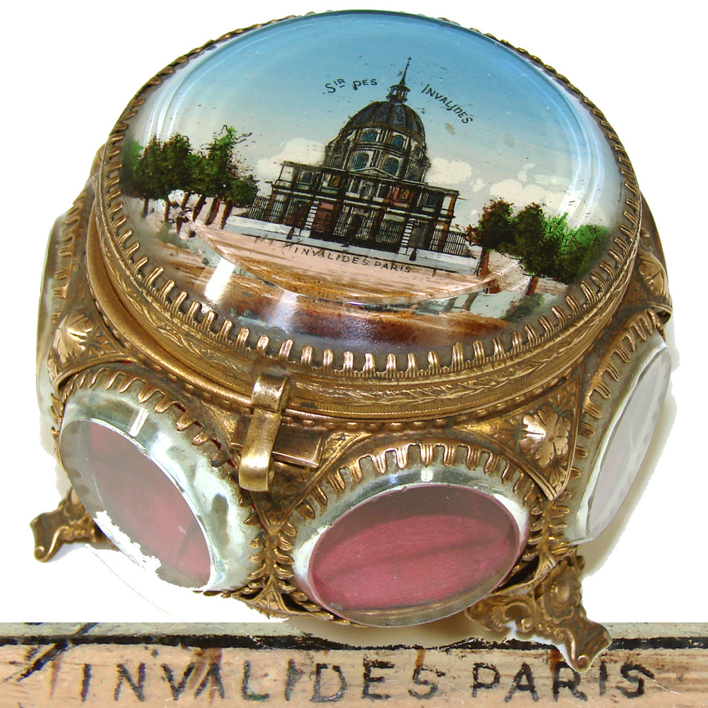 Antique French Grand Tour Style Souvenir Casket, Beveled Glass & Eglomise Scene "Invalides, Paris"