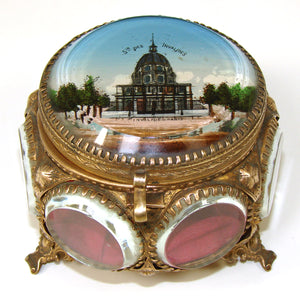 Antique French Grand Tour Style Souvenir Casket, Beveled Glass & Eglomise Scene "Invalides, Paris"