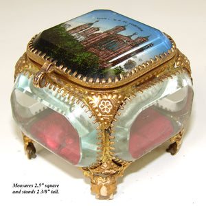 Antique French Grand Tour Style Souvenir Casket, Beveled Glass & Eglomise Scene "Notre Dame de Fourviere"