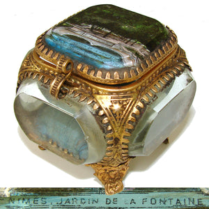 Antique French Grand Tour Style Souvenir Casket, Beveled Glass & Eglomise Scene "Jardin de la Fontaine"