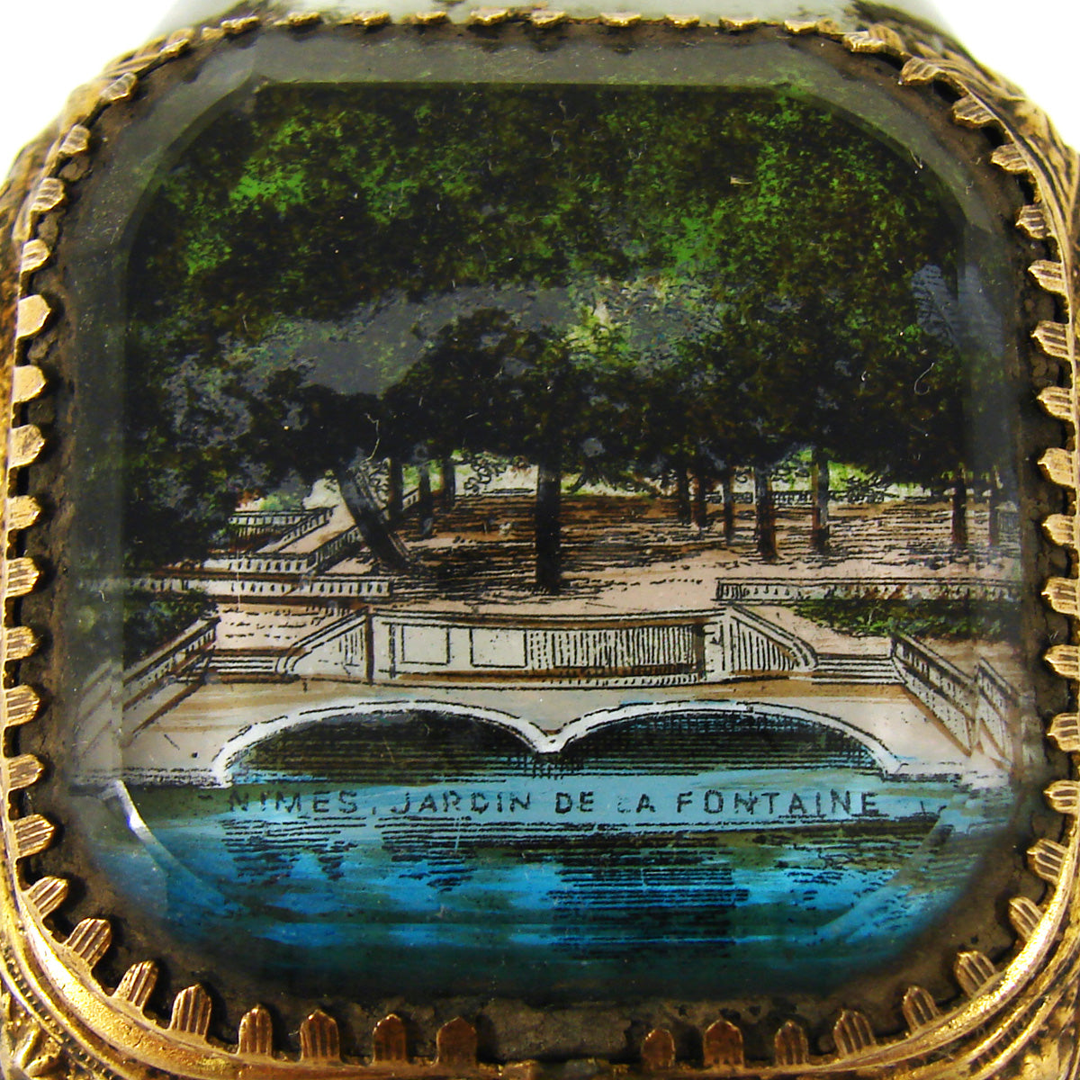 Antique French Grand Tour Style Souvenir Casket, Beveled Glass & Eglomise Scene "Jardin de la Fontaine"