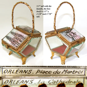Vintage French Grand Tour Style Souvenir Casket, Beveled Glass & 2 Eglomise Scenes: Joan of Arc
