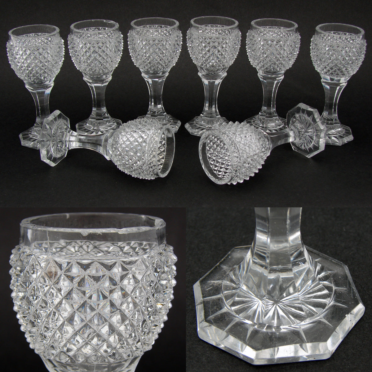 Antique French Baccarat 12oz Decanter PAIR, 8 Cordial Goblets, c1830 Diam Cut Crystal