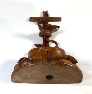Antique Hand Carved Swiss Black Forest Crucifix and Holy Font, 11.75" Tall with Nest and Bird