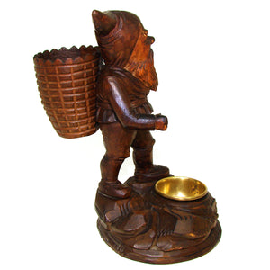 Antique Black Forest Hand Carved Gnome 6.75" Match Holder Stand, a Charming Gnome