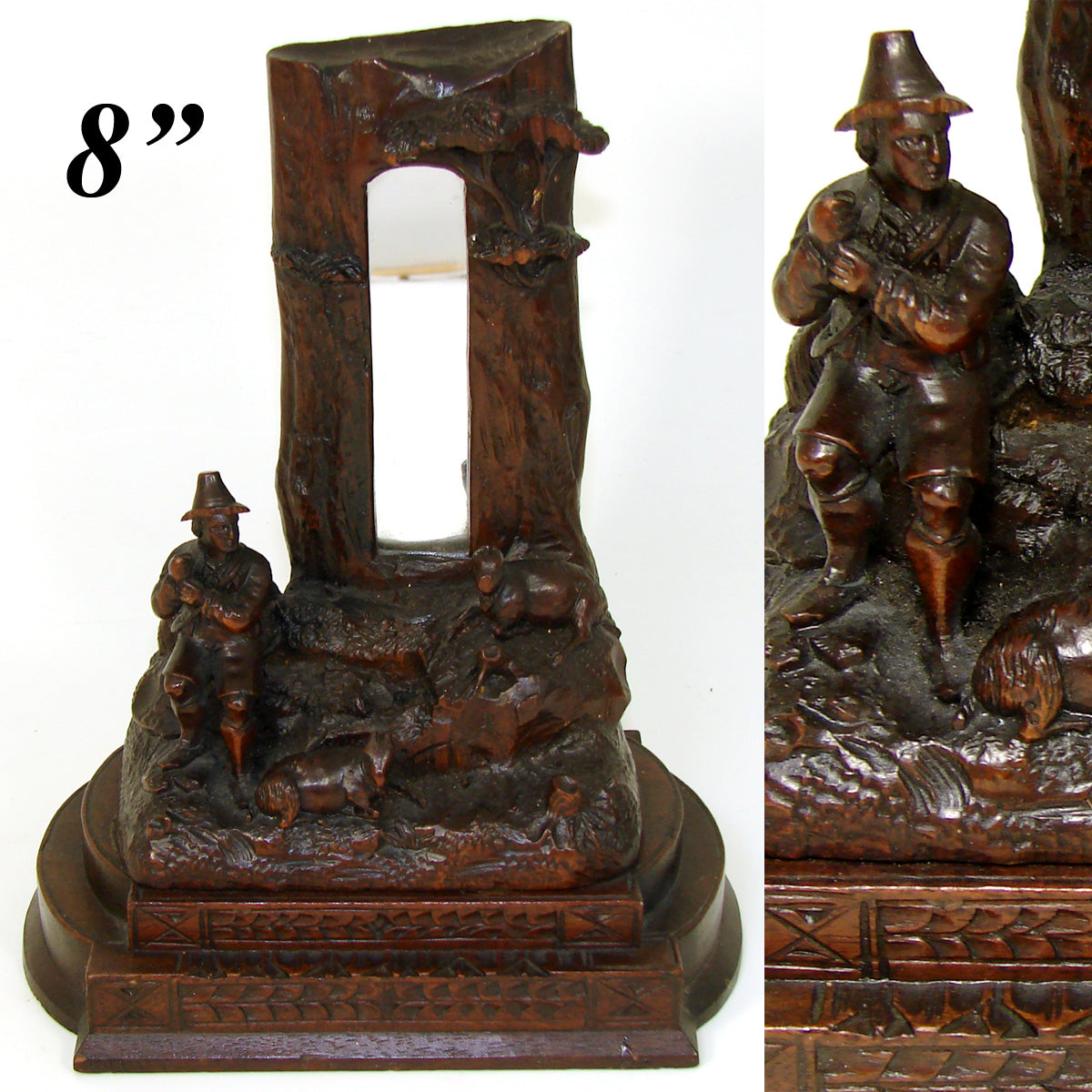 Antique Black Forest Carved Desk Thermometer Stand, Now with Mirror, Rare Pastoral Theme Sheep & Herder