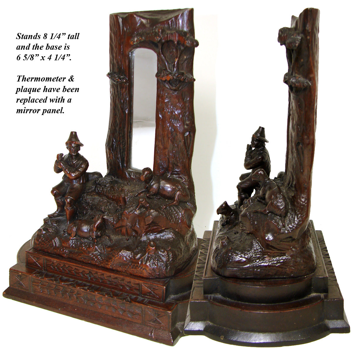 Antique Black Forest Carved Desk Thermometer Stand, Now with Mirror, Rare Pastoral Theme Sheep & Herder