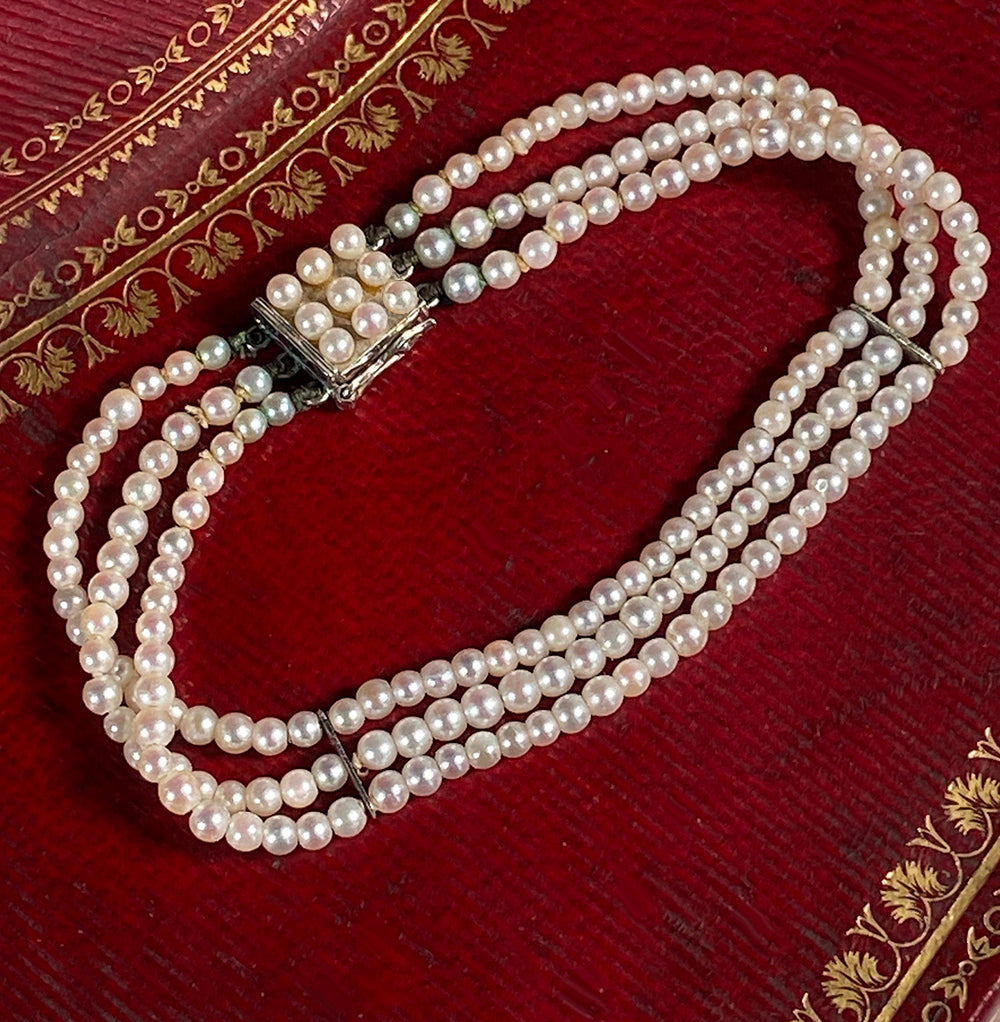 Antique Edwardian  to c.1920s Era 14k White Gold and 2.5mm Seed Pearl 3 Strand Bracelet