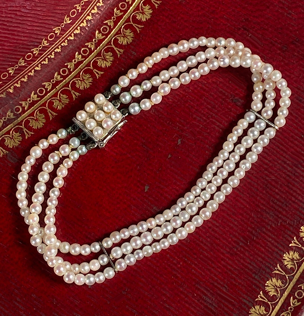 Antique Edwardian  to c.1920s Era 14k White Gold and 2.5mm Seed Pearl 3 Strand Bracelet