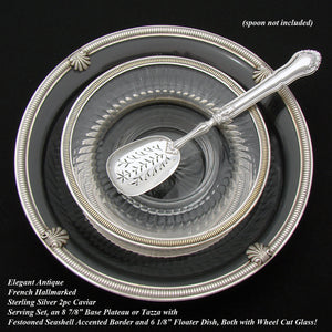 Antique French Sterling Silver & Cut Glass 2pc Caviar Serving Set, 9" Base Plateau, Seashell Accents