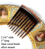 Antique French Salmon Red Coral and Silver Tortoise Shell Ornamental Hair Comb, Tiara