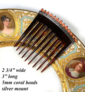 Antique French Salmon Red Coral and Silver Tortoise Shell Ornamental Hair Comb, Tiara