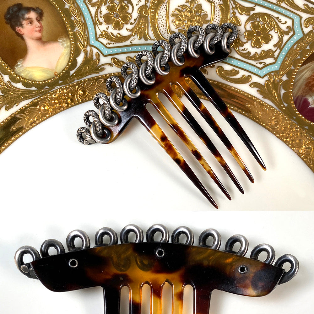 Fine Antique French Napoleon III Era Ornamental Hair Comb, Tiara, Tortoise Shell & Silver