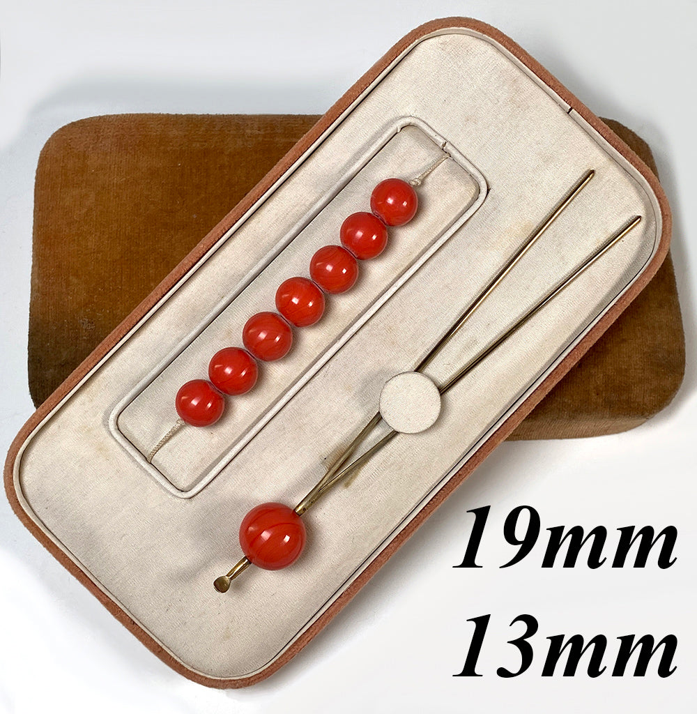 Antique to Vintage Japanese Red Coral Geisha Hair Ornament Set, 19mm 13mm Coral Beads