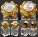 Antique French Grand Tour Style Souvenir Scent or Perfume Caddy, Leather & Gilt Bronze with Two Egmomise Bottles