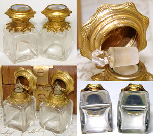 Antique French Grand Tour Style Souvenir Scent or Perfume Caddy, Leather & Gilt Bronze with Two Egmomise Bottles