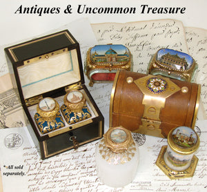 Antique French Grand Tour Style Souvenir Scent or Perfume Caddy, Leather & Gilt Bronze with Two Egmomise Bottles