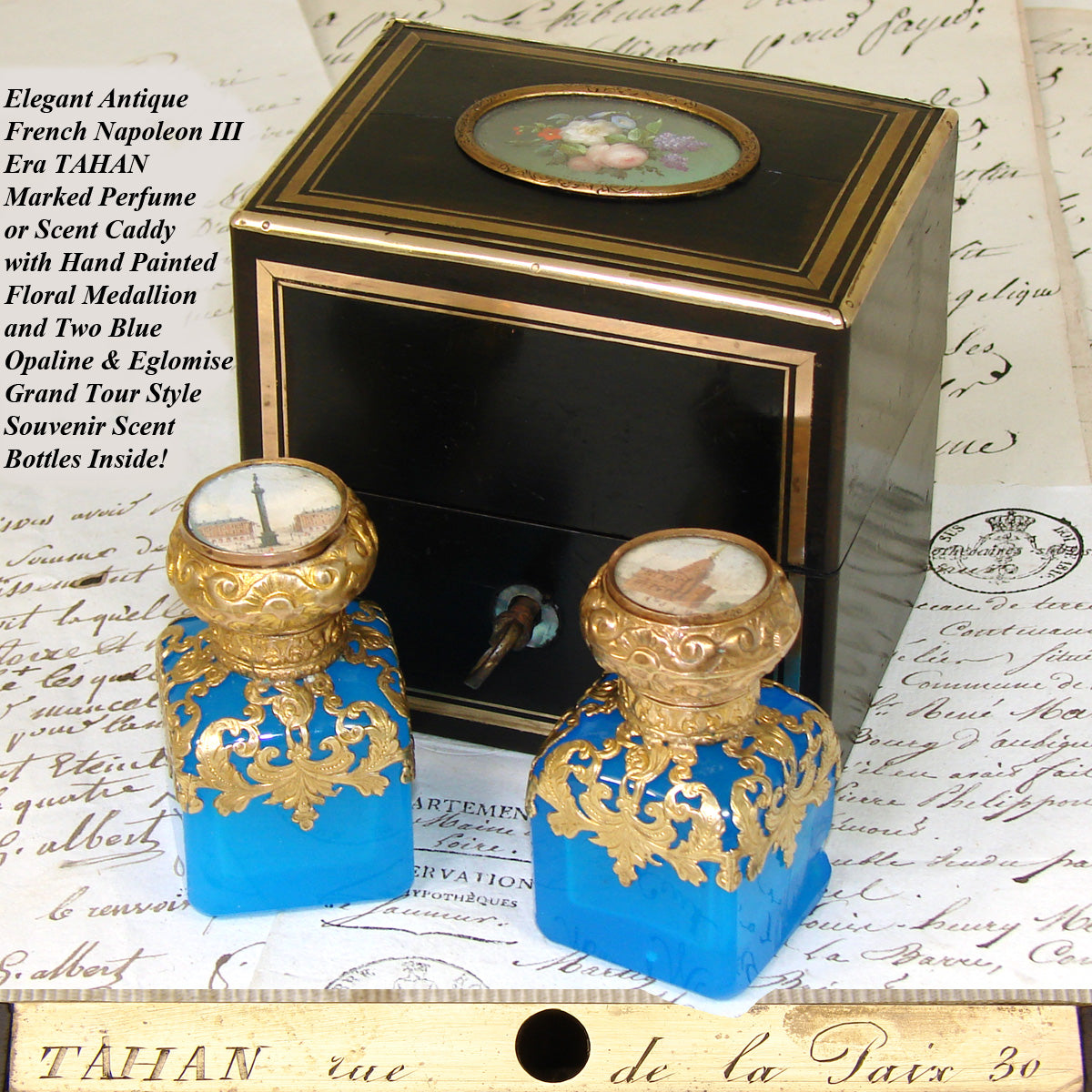 Antique French TAHAN Scent Caddy, Floral Medallion & 2 Blue Opaline & Eglomise Perfume Bottles